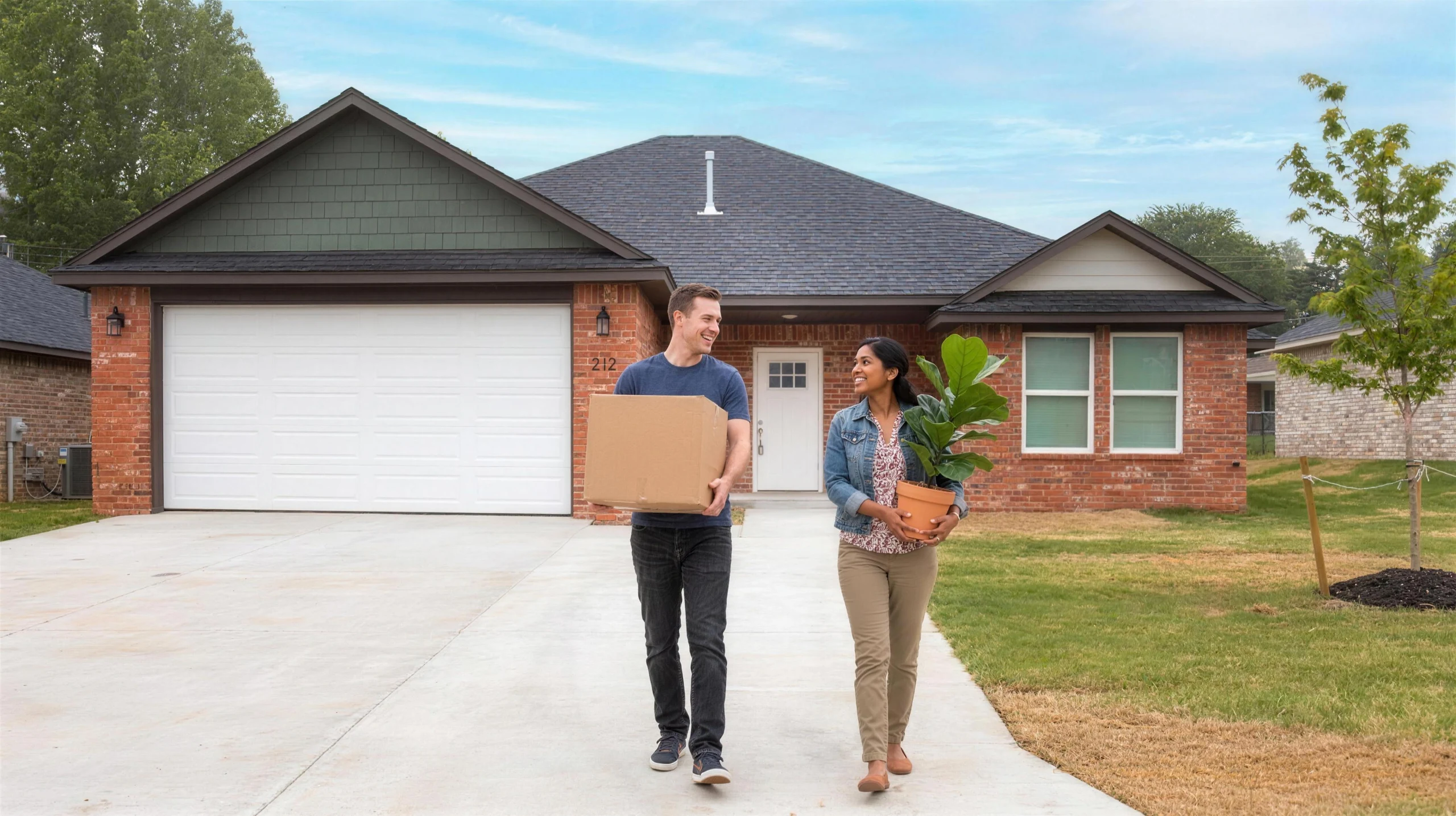 A couple carrying moving boxes toward their new Meadow Hills home